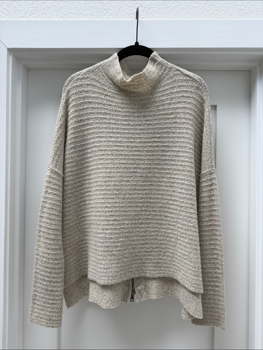 Free People Beige Ribbed Funnel Neck Sweater